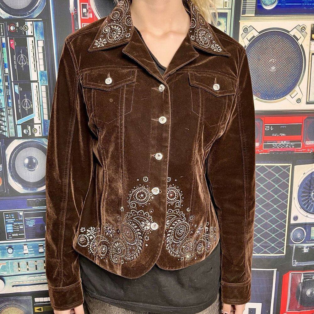 CHRISTINE ALEXANDER Brown Velvet Jacket Rodeo Rhinestone Buttons Medium - Picture 9 of 12